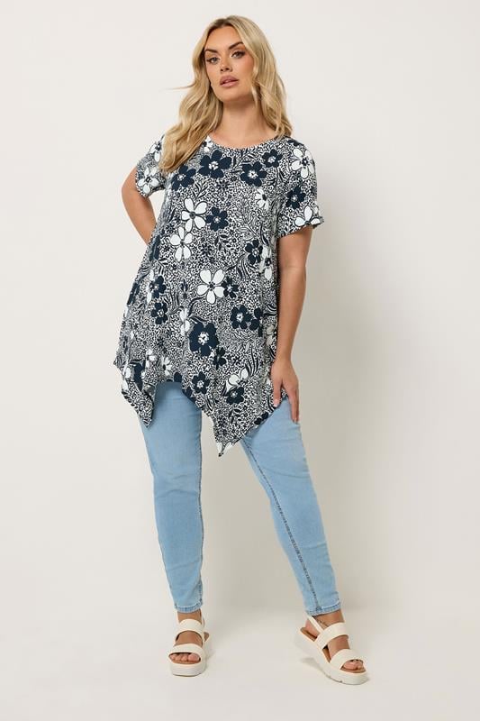 YOURS Plus Size Black Floral Hanky Hem Top | Yours Clothing 1