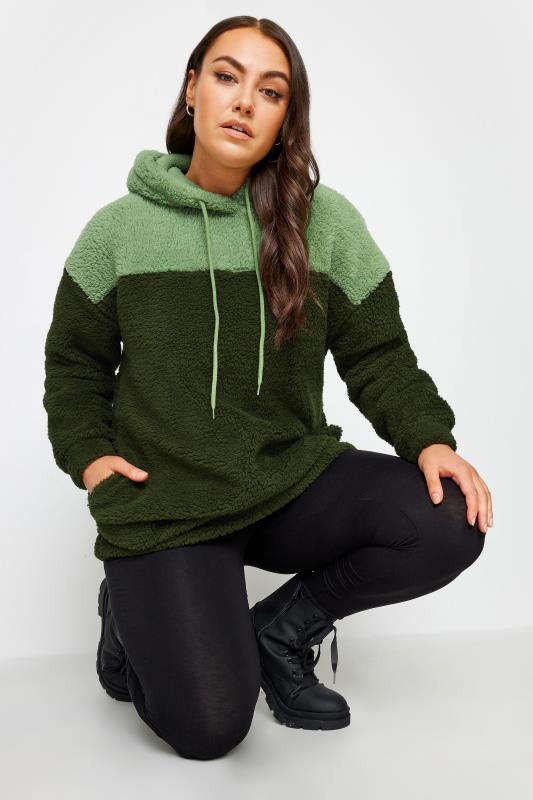Plus Size  YOURS Curve Green Colour Block Teddy Hoodie