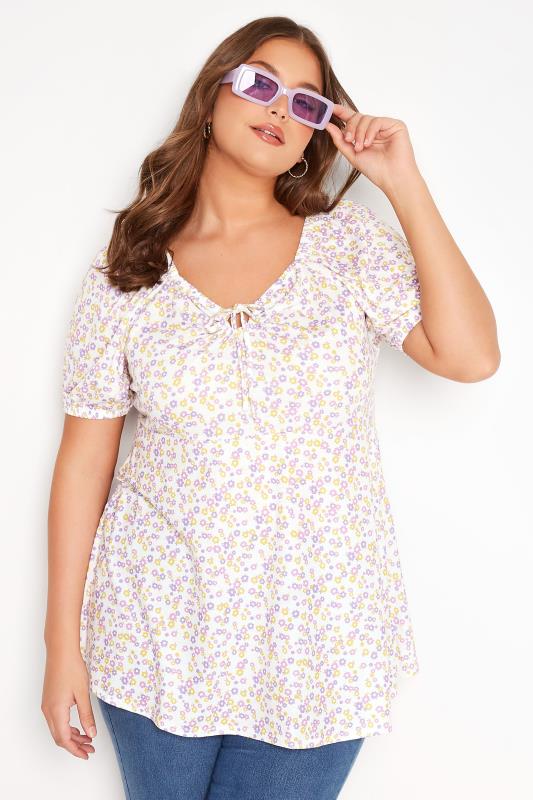 Plus Size White Floral Print Gypsy Top | Yours Clothing 1