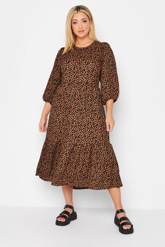 Plus Size Brown & Black Animal Print Frill Midi Dress | Yours Clothing 1