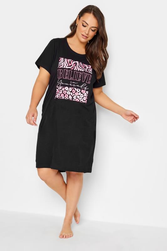 YOURS Plus Size Black Animal Print 'Believe' Slogan Nightdress | Yours Clothing 1