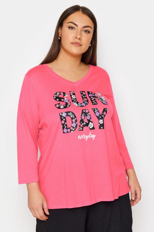 Plus Size  Evans Pink 'Sunday Everyday' Floral Print Pyjama Top