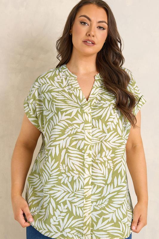 EVANS Plus Size Green Leaf Print Linen Shirt | Evans  1
