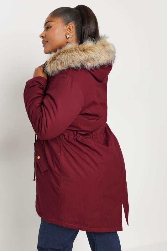 YOURS Plus Size Berry Red Faux Fur Trim Parka Coat | Yours Clothing 3