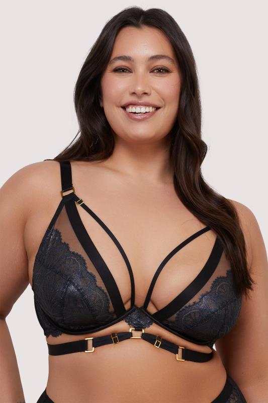 PLAYFUL PROMISES Black Tabitha Wet Look Plunge Bra | Yours Clothing 2