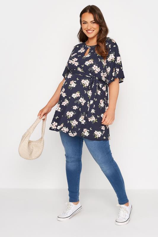 BUMP IT UP MATERNITY Plus Size Navy Blue Floral Keyhole Top | Yours Clothing 3