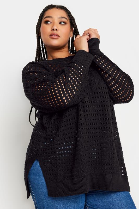 YOURS Plus Size Black Side Split Crochet Jumper | Yours Clothing 1