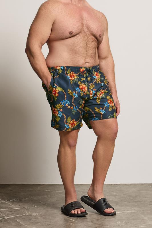  D555 Big & Tall Short de bain bleu marine à imprimé hawaïen