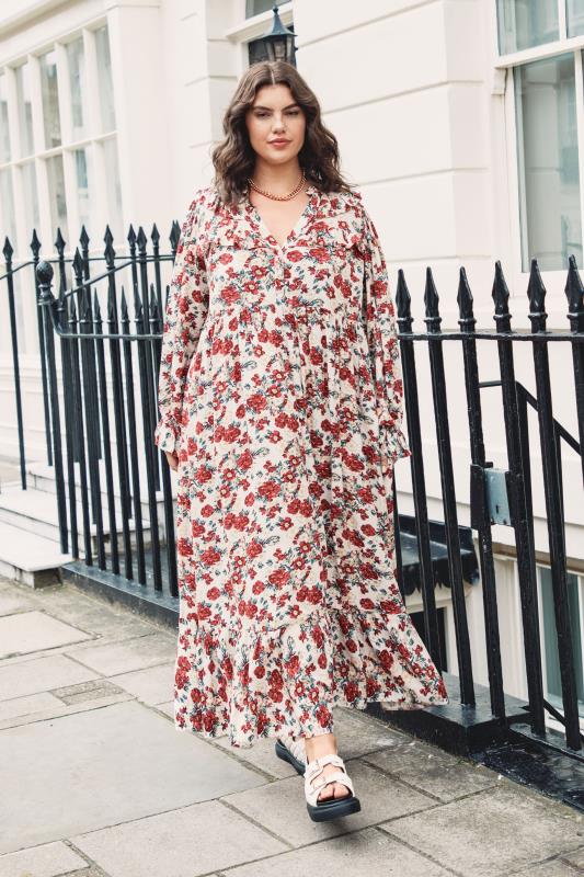 LIMITED COLLECTION Plus Size Cream Floral Frill Smock Maxi Dress | Yours Clothing 5