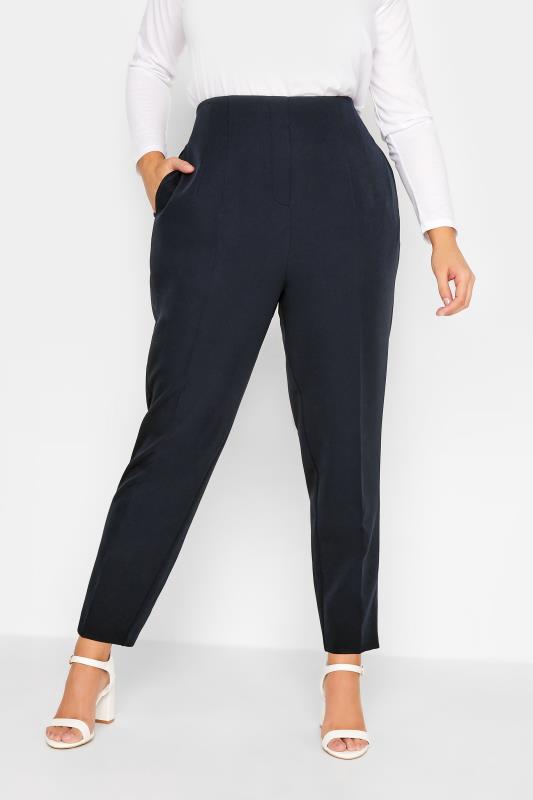 YOURS Curve Plus Size Navy Blue Darted Waist Tapered Trousers | Yours Clothing  1