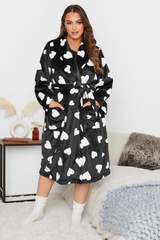Curve Black Love Heart Dressing Gown | Yours Clothing 1