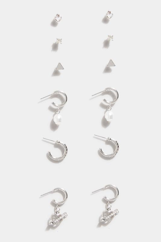 6 PACK Silver Hoop Stud Earrings Set 1