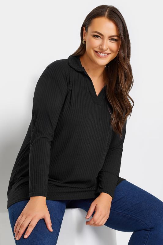Curve Black Long Sleeve Ribbed Collar Top | Yours Clothing 1