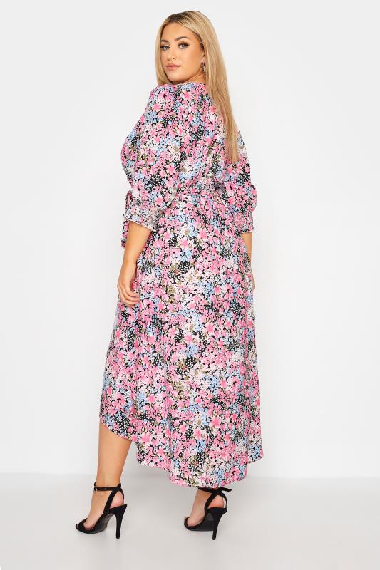 YOURS LONDON Plus Size Pink Puff Sleeve Floral Wrap Dress | Yours Clothing 3