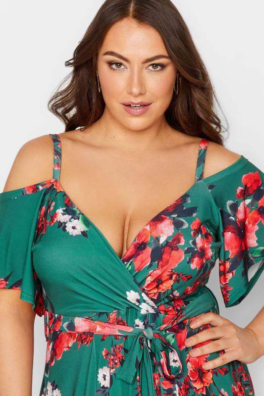 YOURS LONDON Plus Size Green Floral Cold Shoulder Wrap Dress | Yours Clothing 4
