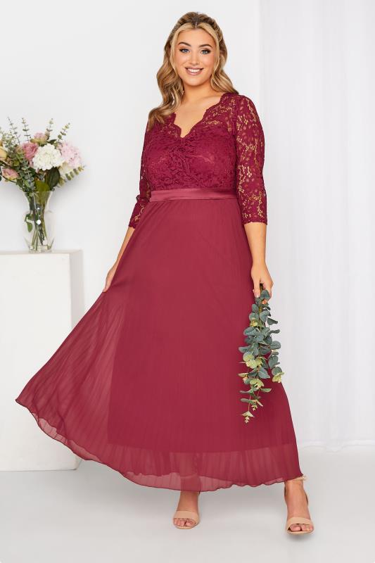 Plus Size YOURS LONDON Curve Burgundy Red Lace Pleated Maxi Dress | Yours Clothing  2