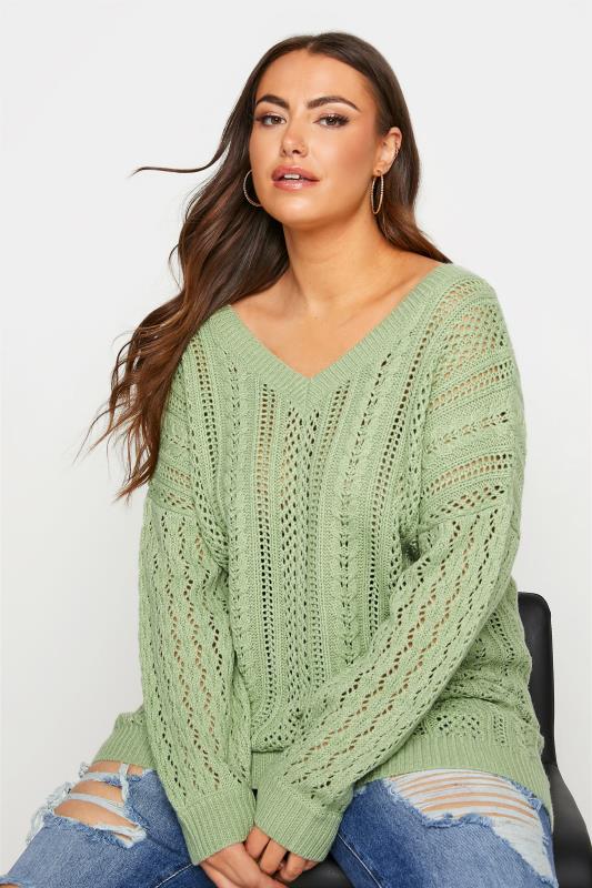 Plus Size  YOURS Curve Green V-Neck Knitted Jumper