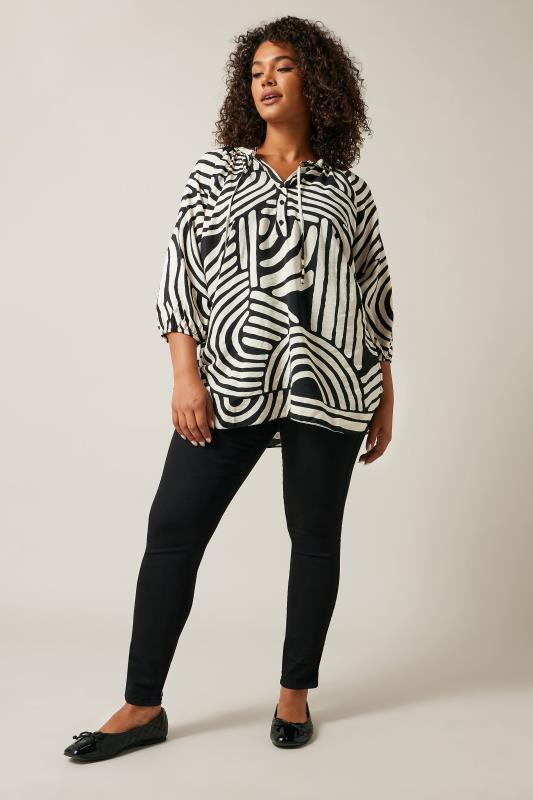 EVANS Plus Size Black & White Abstract Print Tie Neck Blouse | Evans  2