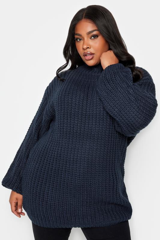 Plus Size  YOURS Curve Navy Blue Funnel Neck Oversized Knitted Jumper