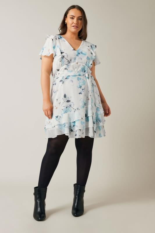 EVANS Plus Size White Blue Floral Print Ruffle Dress | Evans 1