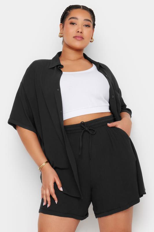 LIMITED COLLECTION Plus Size Curve Black Crinkle Shorts | Yours Clothing  1