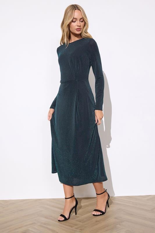  M&Co vestido midi verde mar metalizado con detalle retorcido en la parte delantera