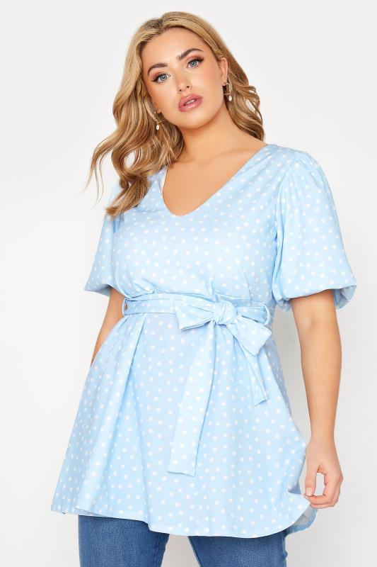 Plus Size  YOURS LONDON Curve Blue Polka Dot Puff Sleeve Top