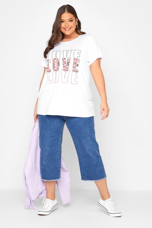 Plus Size White Floral Print 'Love' Slogan T-Shirt | Yours Clothing  2