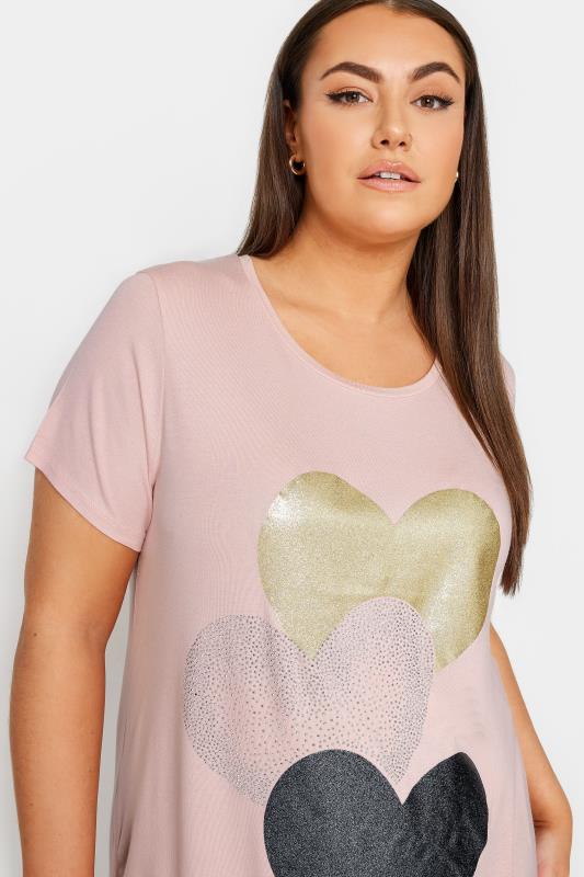 YOURS Plus Size Light Pink Glitter Heart Print T-Shirt | Yours Clothing  4