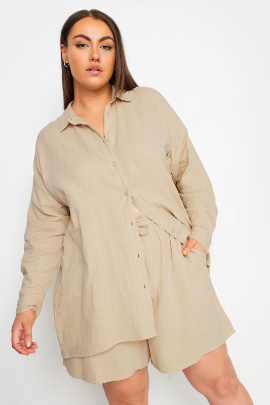 Plus Size  YOURS Curve Stone Brown Pure Cotton Cheesecloth Shirt