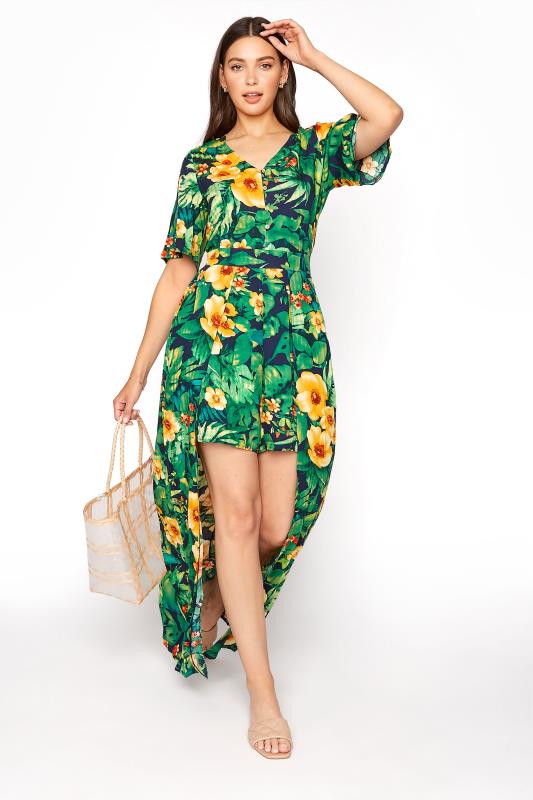 LTS Tall Green Tropical Maxi Overlay Playsuit 1