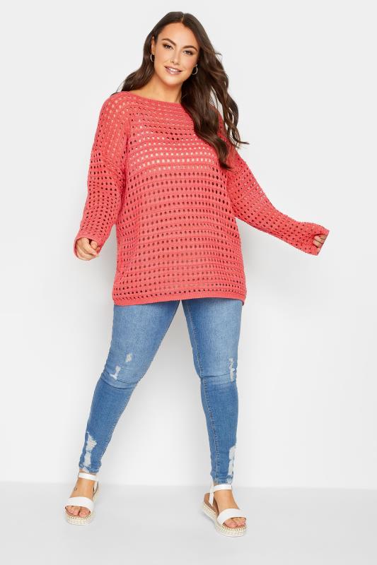 YOURS Plus Size Pink Crochet Tunic Jumper | Yours Clothing  2