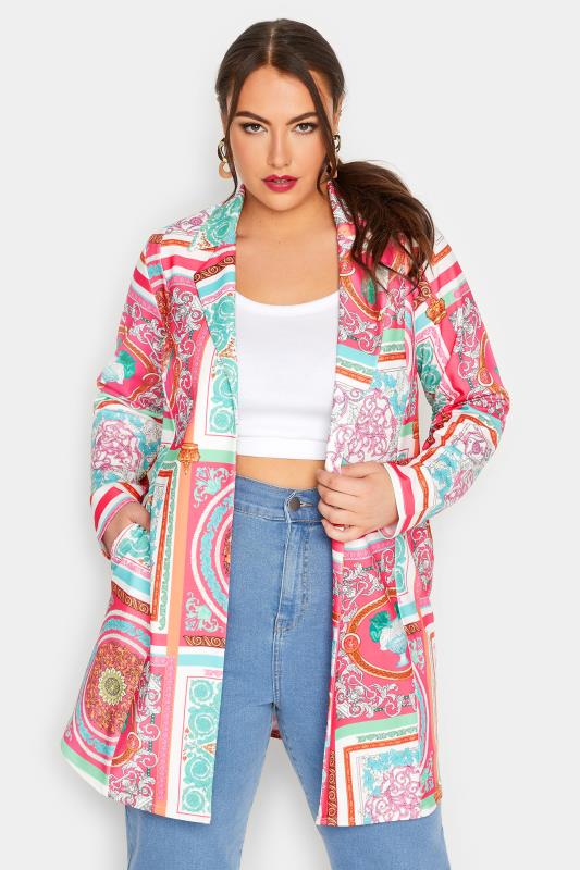LIMITED COLLECTION Plus Size Curve Pink Scarf Print Blazer | Yours Clothing  5