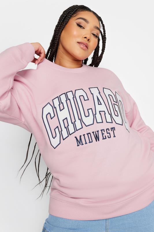 YOURS Plus Size Pink 'Chicago' Crew Neck Sweatshirt | Yours Clothing 1