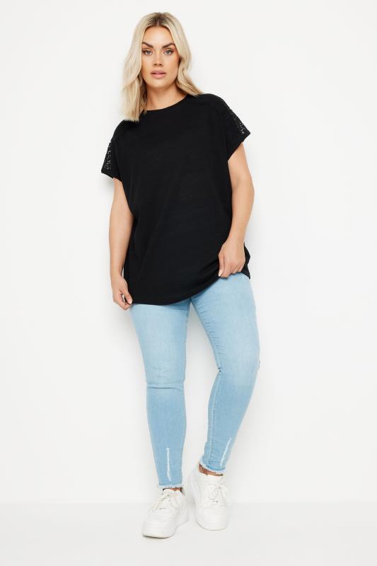 YOURS Plus Size Black Crochet Detail Linen T-Shirt | Yours Clothing 2