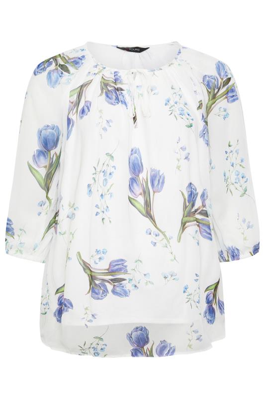 YOURS Plus Size White & Blue Floral Print Tie Neck Blouse | Yours Clothing 5
