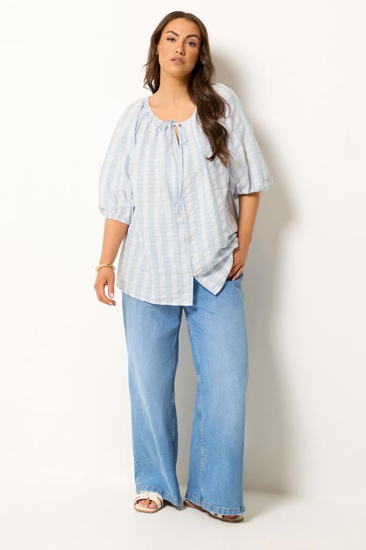 YOURS Plus Size Blue Stripe Tie Neck Top | Yours Clothing 1