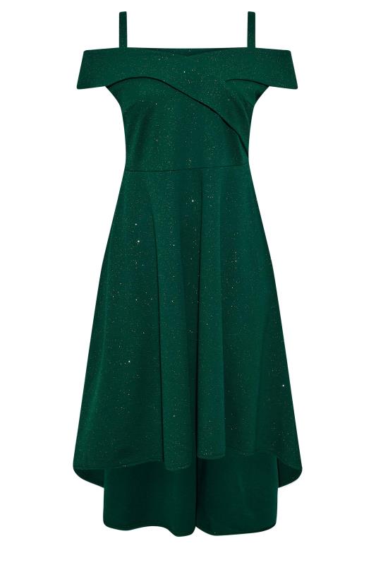 YOURS LONDON Plus Size Green Glitter Bardot High Low Bridesmaid Dress | Yours Clothing 6