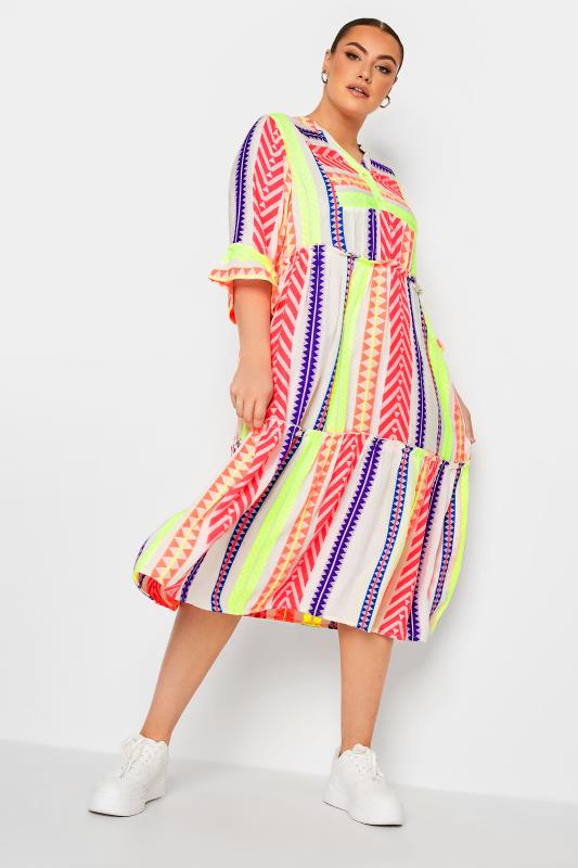LIMITED COLLECTION Plus Size Neon White Aztec Print Smock Midi Dress | Yours Clothing 1