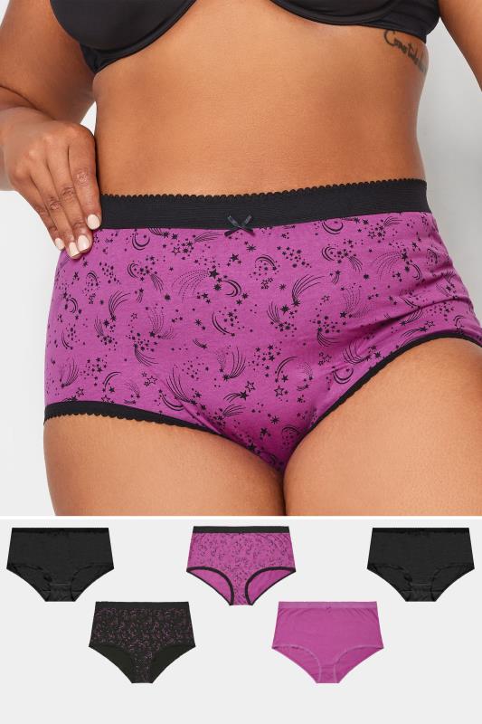 Plus Size  YOURS 5 PACK Curve Black & Purple Shooting Star Print High Waisted Full Briefs