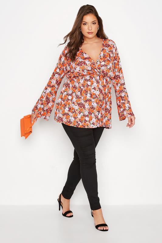 LIMITED COLLECTION Plus Size Orange Floral Print Wrap Top | Yours Clothing 2