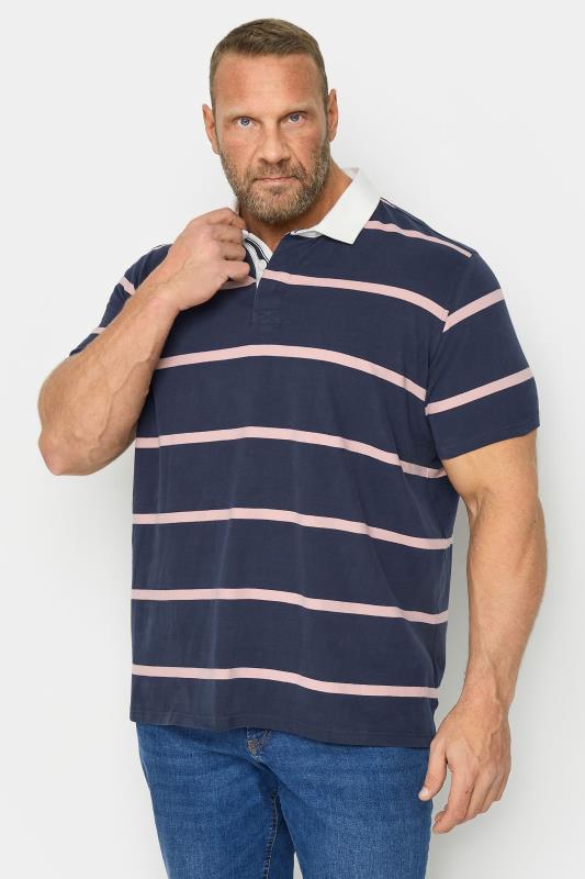BadRhino Big & Tall Navy Blue & Pink Stripe Rugby Polo Shirt | BadRhino 1