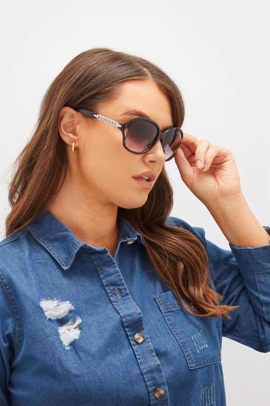 Black Oversized Silver Chain Sunglasses | Yours Clothing 1