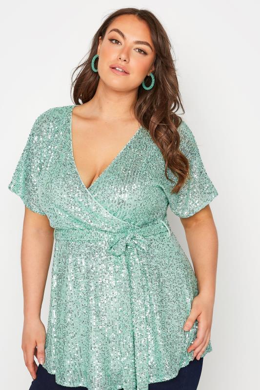 YOURS LONDON Plus Size Green Sequin Embellished Wrap Top | Yours Clothing 4