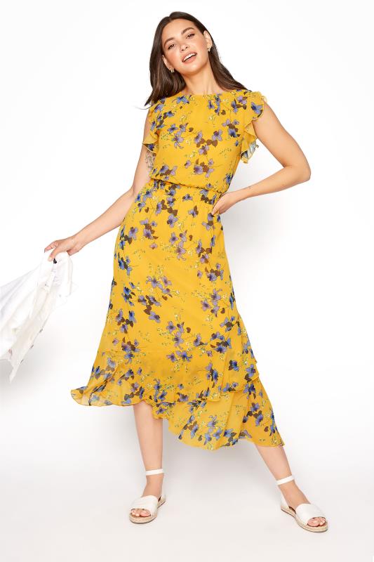 LTS Tall Yellow Shirred Waist Chiffon Midi Dress 2