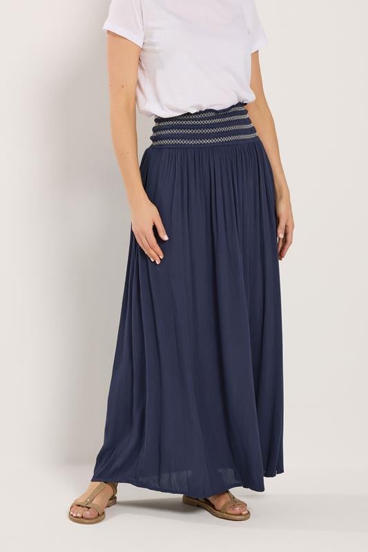 LTS Tall Navy Blue Embroidered Waist Maxi Skirt 1