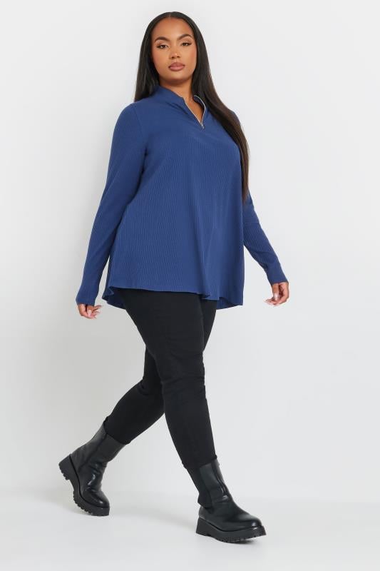 YOURS Plus Size Blue Ribbed Quarter Zip Top | Yours Clothing 2