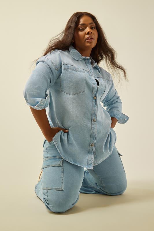  Tallas Grandes YOURS Curve Light Blue Denim Western Style Shacket