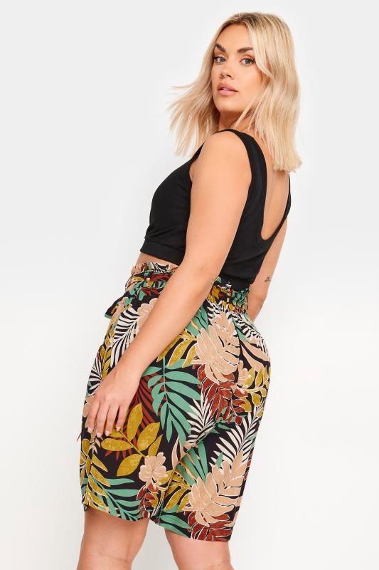 YOURS Plus Size Black Tropical Print Paperbag Shorts | Yours Clothing 3