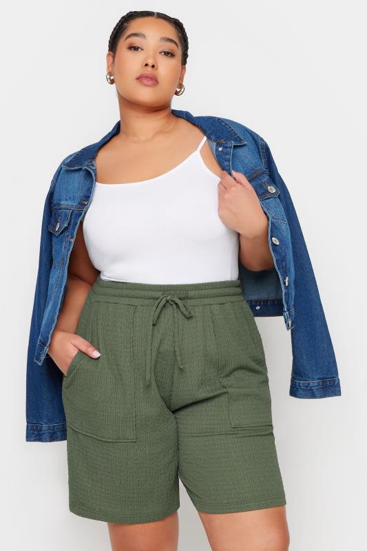 YOURS Plus Size Khaki Green Textured Crinkle Shorts | Yours Clothing 1